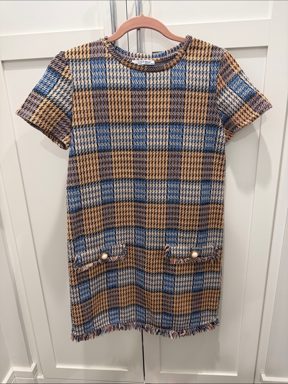 Zara Plaid Tweed Shift Dress in Blue and Tan